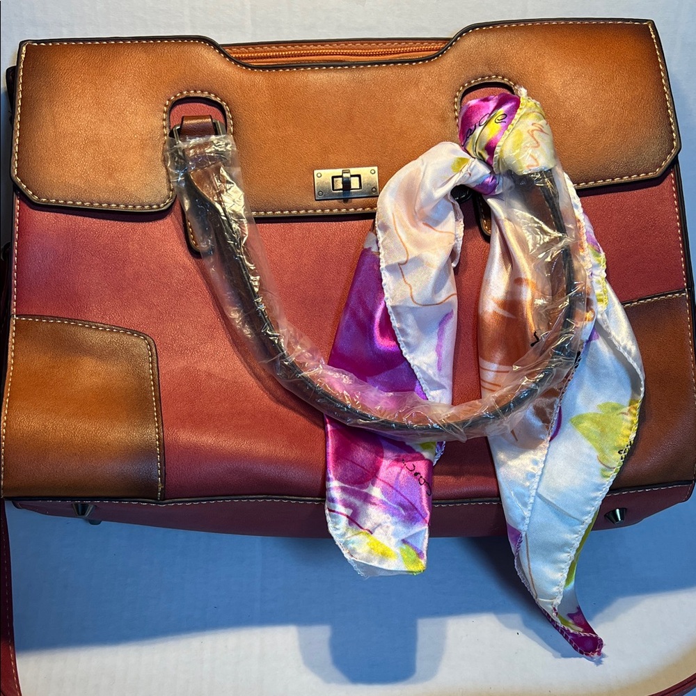 Leather Stylish Brown and Pink Handbag with Scarf